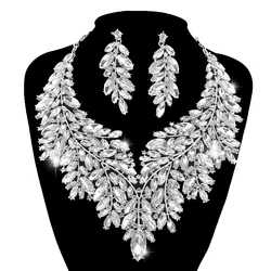 Luxurious Dubai Style Wedding Jewelry Sets Rhinestone Crystal Statement Bridal Silver Color Prom Necklace Earring Christmas Gift