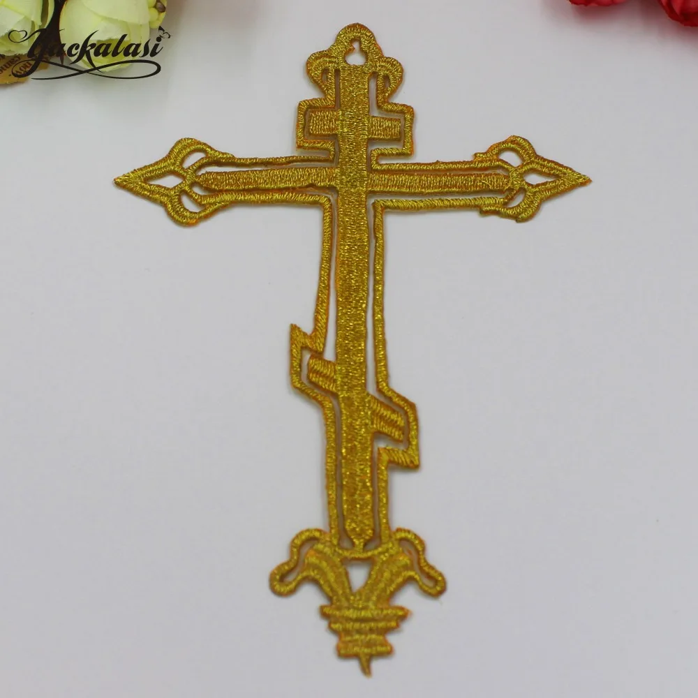 1 Piece Christ Jesus Cross Iron On Appliques Gold Embroidery Patches For Cosplay Costumes Diy Trims 15CM*10CM