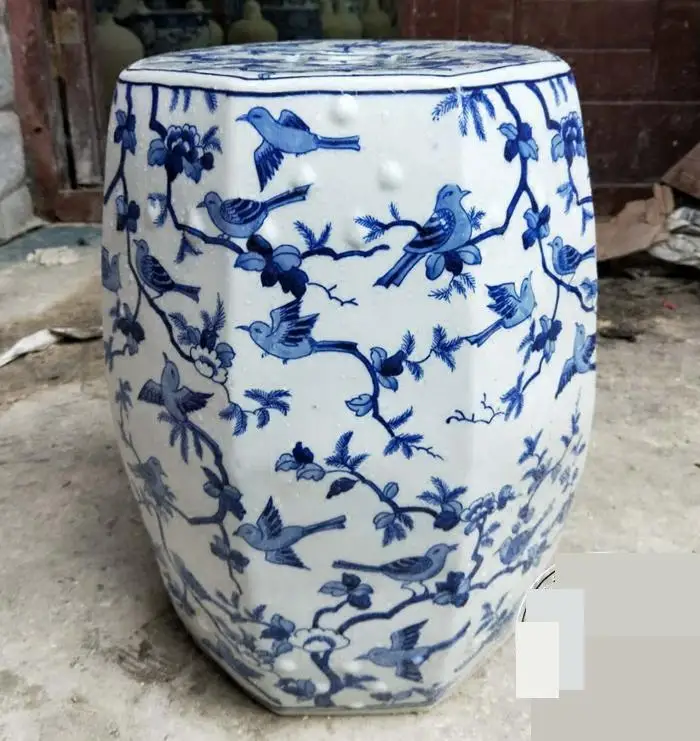 Jingdezhen Ceramic Stool Hand Painted Blue And White Flower And Bird Octagonal Porcelain Stool Outdoor Bathroom Balcony Stool