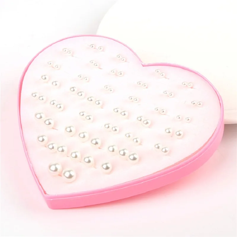 New Design 36pairs white color imitate pearl earring stud sets girl earring set for kids child with heart box