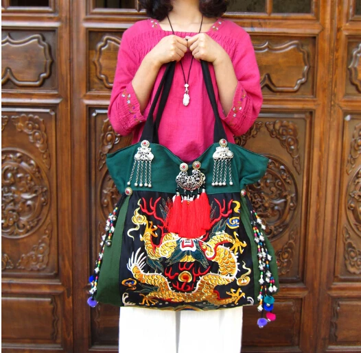 High quality Women\'s bag Green canvas shoulder bag Embroidery Ethnic bags DIY handmade beaded large designer women handbags