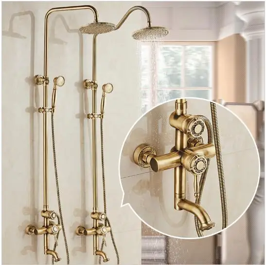 Free Shipping Luxury Antique Carving Rainfall Shower Sets Faucet Mixer Tap With Tub Faucet Single Handles Bath & Shower Faucet