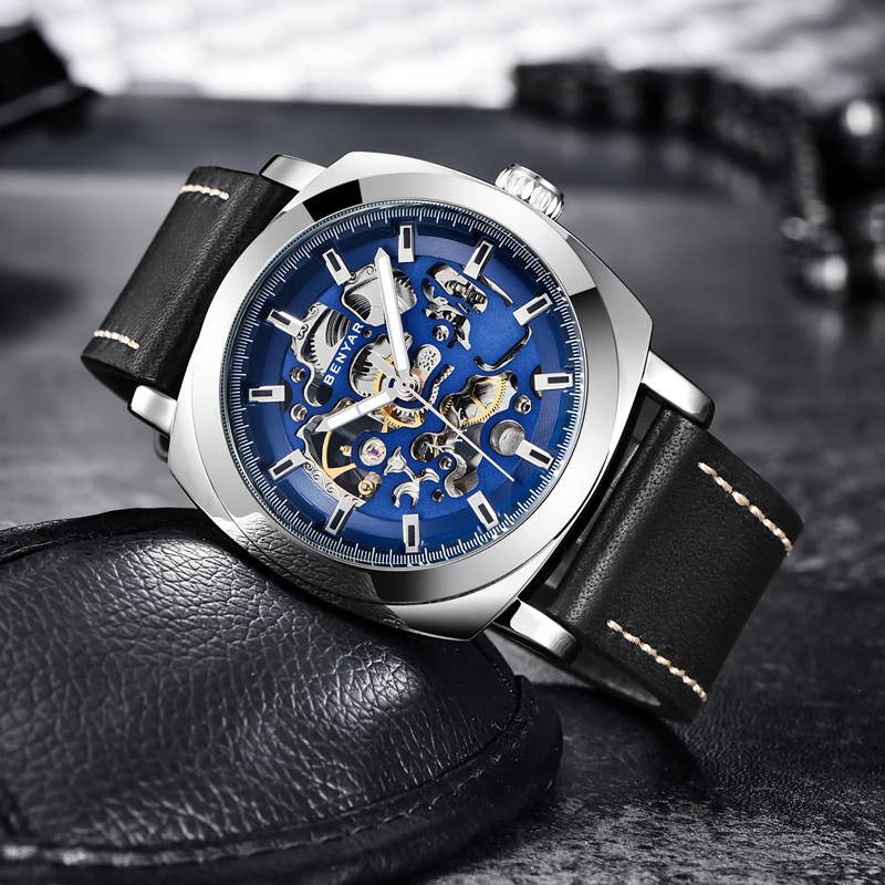 Reloj Hombre BENYAR Mens Watches Top Brand Luxury Fashion Waterproof Skeleton Wrist Watch Leather Clock Man Relogio Masculino