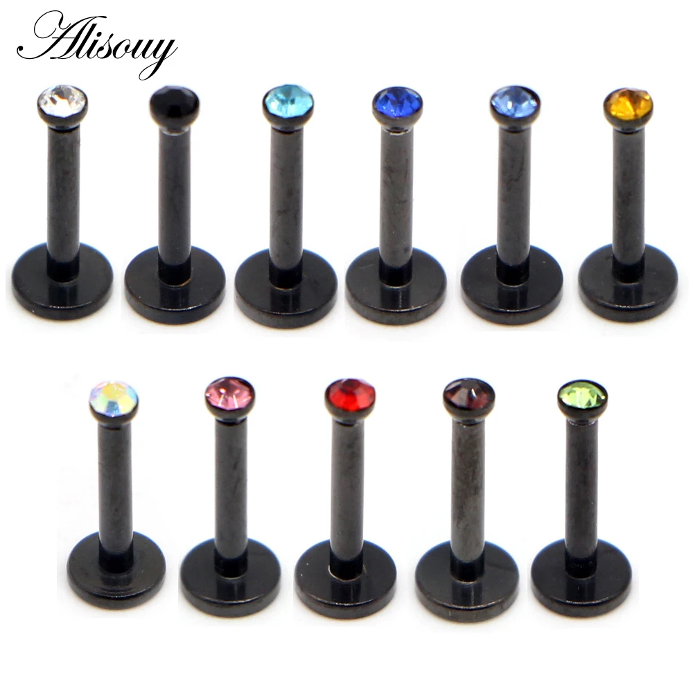 Alisouy 1pc Black Stainless Steel Zircon Crystal Earring Flat Labret Lip Piercing Tragus Rings Helix Ear Stud 8MM Body jewelry