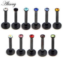 Alisouy 1pc Black Stainless Steel Zircon Crystal Earring Flat Labret Lip Piercing Tragus Rings Helix Ear Stud 8MM Body jewelry