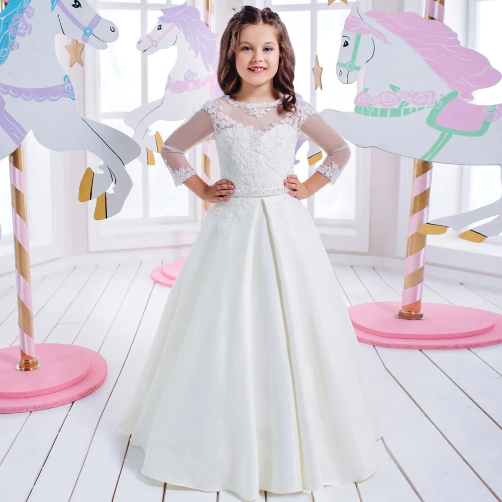 

Pageant Dresses for Girls Glitz Sheer O-Neck Lace Up Long Sleeves Appliques First Communion Dresses for Girls Vestido De Daminha