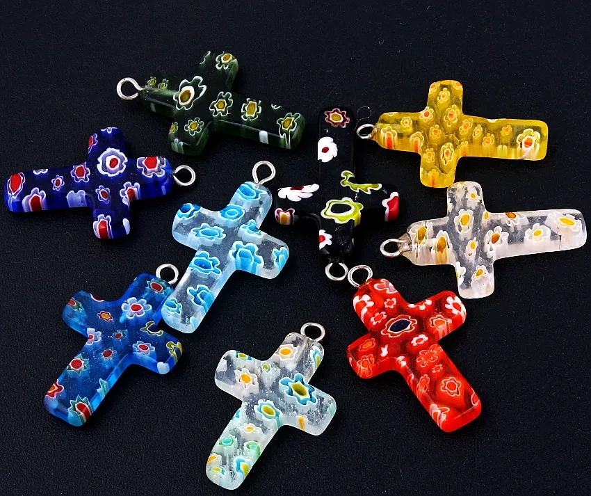 QianBei Wholesale 20pcs /Lot Mix Color Murano Glass Cross Beads Silver Core Fit For European Charm NECKLACE