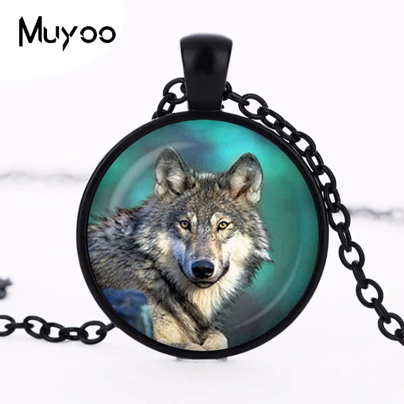 Handicraft Jewelry Vintage Wolf Pendant Necklace Round Photo Chain Glass Cabochon Colares Femininos HZ1