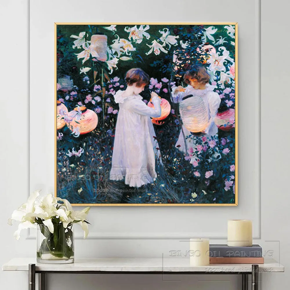 Artist Reproduce Sargent Carnation Lily and Rose Flower Girl Oil Painting Hand-painted Artwork Flowers with Girl Oil Painting