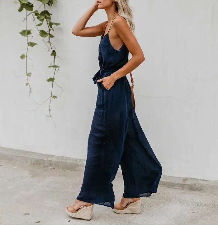 women jumpsuit Elegant solid 2019 Sleeveless Strap long jumpsuit Chic wide leg casual streetwear Boho bandage sexy jumpsuit