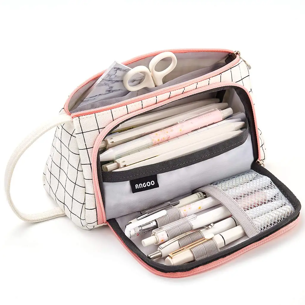 Estuche de lápices a cuadros blancos, bolsa de papelería, portalápices, suministros escolares, oficina, estudiante universitario, niña, regalo de