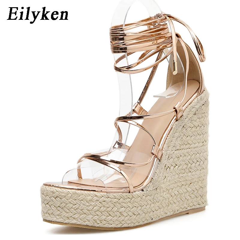 Eilyken Champagne Gold Wedges Sandals Women Lace-Up Peep Toe Summer High Heels Elegant Ankle Strap Shoes Large Size 42