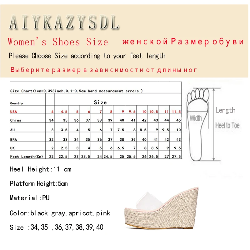 AIYKAZYSDL Women Slippers Mules Clear Transparent Wedge Sandals Cane Hemp Rope Straw Thick Sole Bottom Shoes Platform High Heels