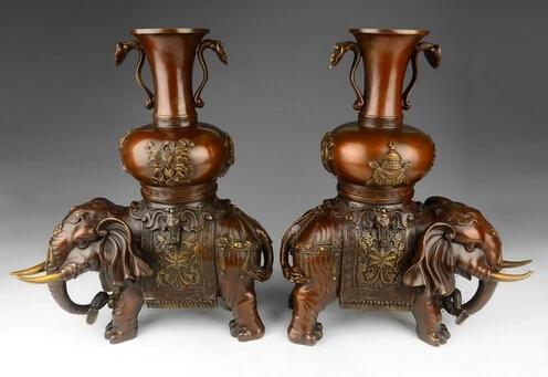 

China Red Copper Art Decoration Elephant Bottle Vase Ruyi Sculpture Statue Pair