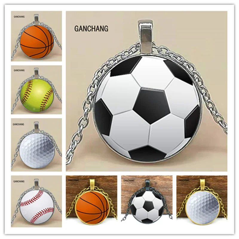 new fashion basketball baseball football photo crystal pendant glass necklace jewelry