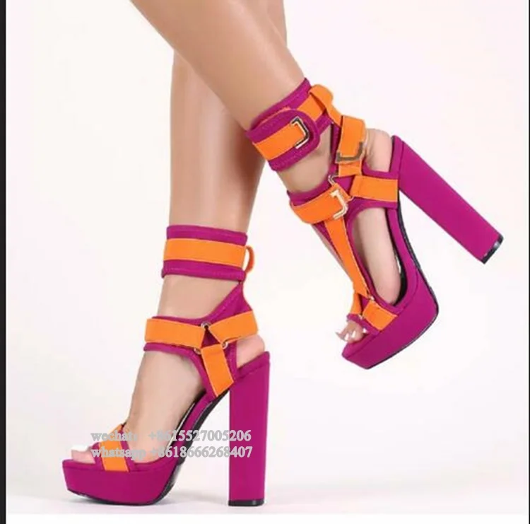 

Fashion Red Orange Match Color Platform High Heel Sandals Women Block Heeled Ankle Wrap Buckle Designer Summer Shoes