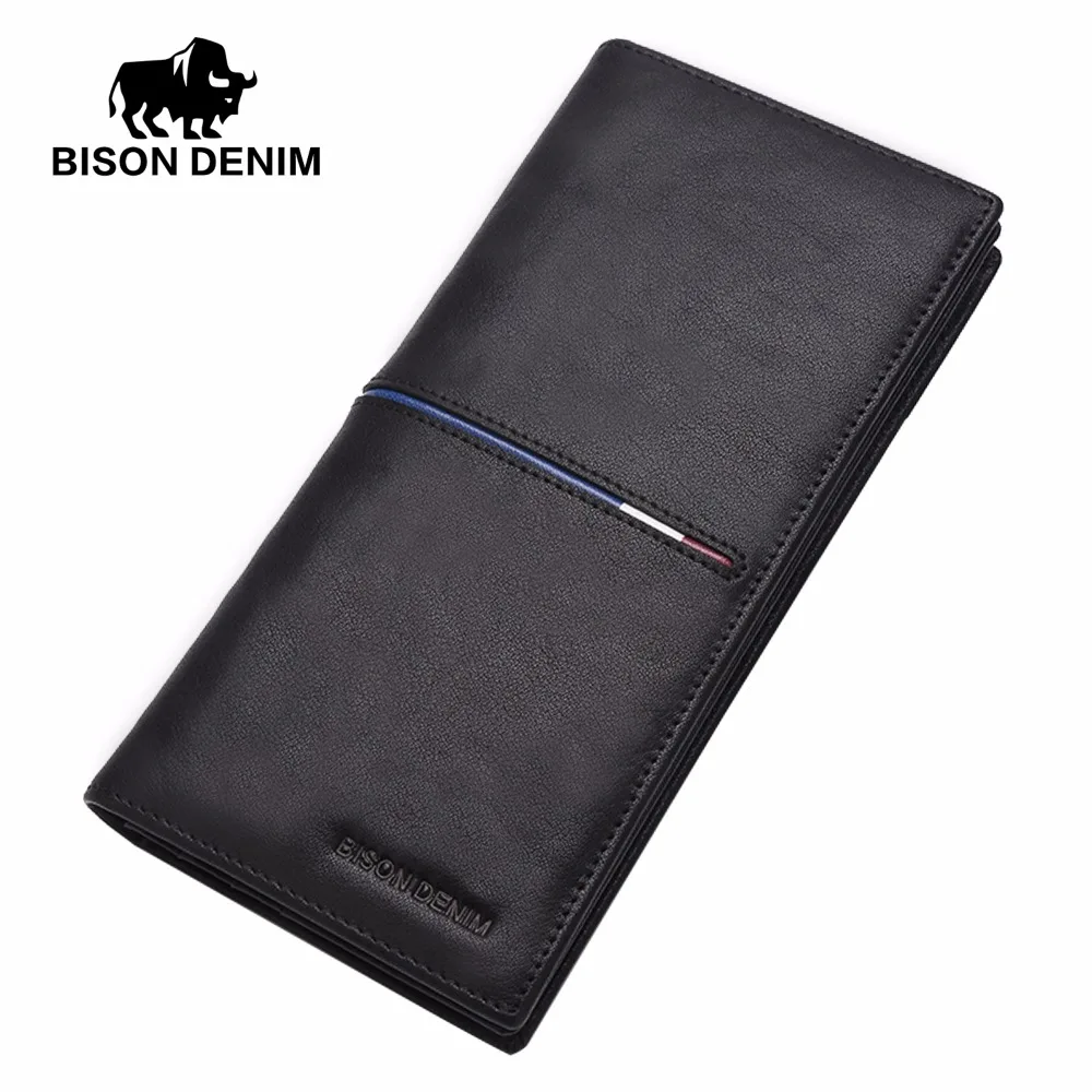 

BISON DENIM brand men wallet genuine leather long slim bifold wallet business male card holder purse