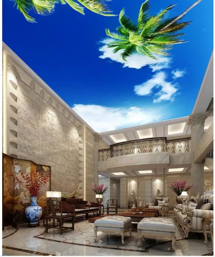 

Custom photo wallpaper 3D stereoscopic ceilings Blue sky palm ceiling 3d mural wallpaper