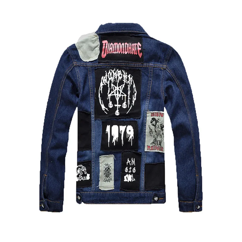 SHIFUREN Mannen Jeans Jas Patch Ontwerpen Mannelijke Lange Mouwen Katoen Denim Jasje Enkele Breasted Punk Rock Stijl Cowboy Streetwear