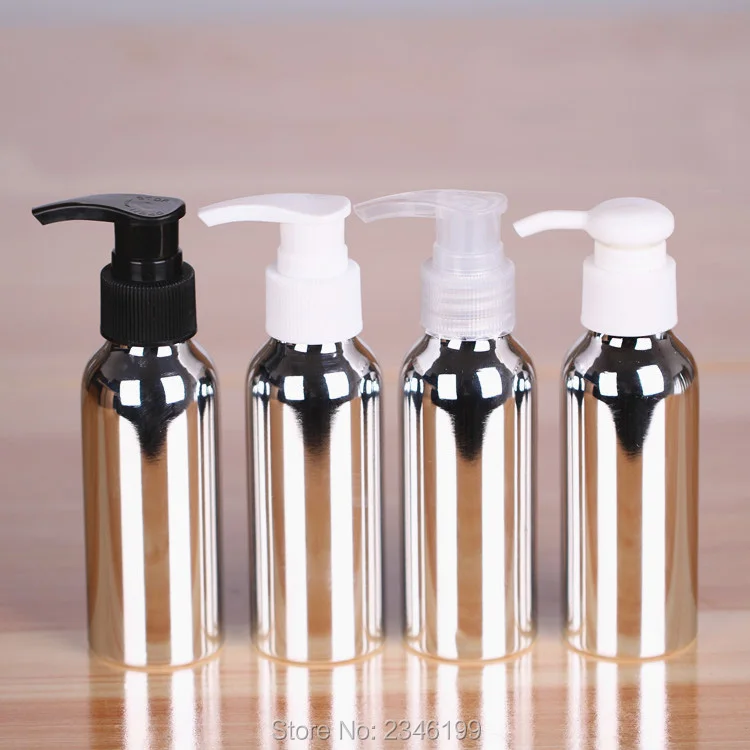 100ML20pcs/lot Super Grade Portable Cosmetic Aluminum Refillable Bottle, Empty Shiny Silver Aluminum Lotion Pump/Emulsion Bottle