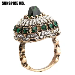 SUNSPICE MS Natural Stones Crystal Rings For Women Wedding Jewelry Antique Gold Color Full Rhinestones Round Ball Rings Gifts