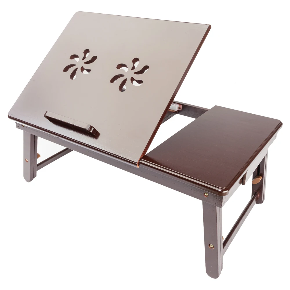 Retro Double Bunga Pola Adjustable Bambu Lap Meja Tray Gelap