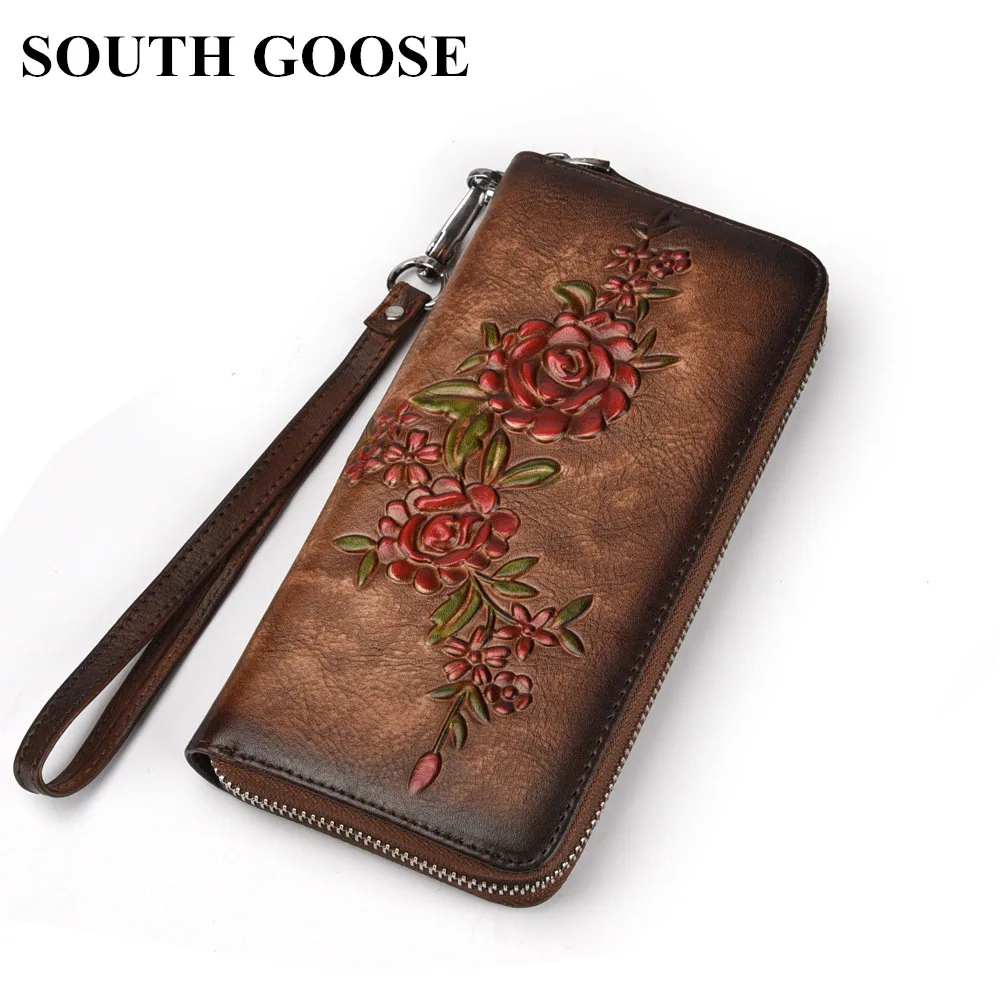 

SOUTH GOOSE Fashion Women Wallet Genuine Leather Luxury Long Clutch Handy Bag Printing Floral Female Card Purse Money Clips