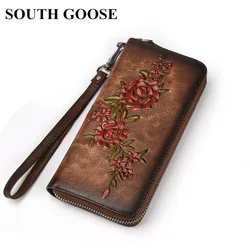 SOUTH GOOSE Fashion Women Wallet Genuine Leather Luxury Long Clutch Handy Bag Printing Floral Female Card Purse Money Clips