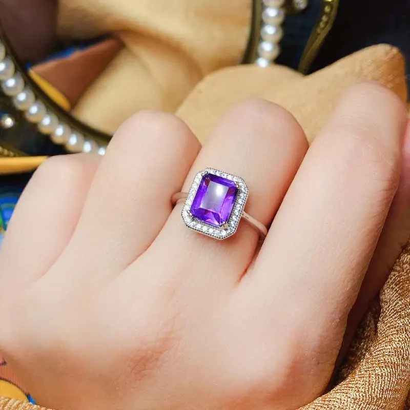 CoLife Jewelry Silver Amethyst Ring for Office Woman Natural Emerald Cut Amethyst Silver Ring Sterling Silver Amethyst Jewelry