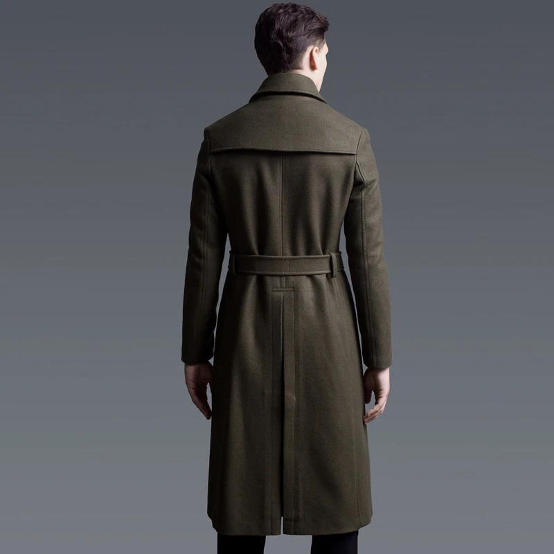 2023 CHAOJUE Extra Long Woolen Coat Male British Double-breasted Trenchcoat Mens Slim Fit Classic Army Green Warm Pea Coat