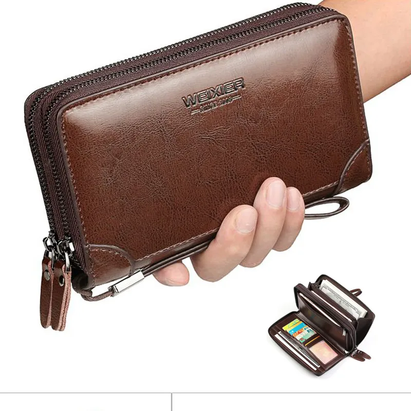 Men  Wallet Long Double Zipper PU Leather Business Cell Phone Clutch Purse Hand Bag Large Wallet Card Holders Men Purses