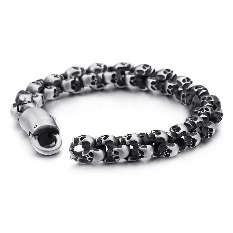 

vintage black 316L Stainless steel Skull skeleton Link Chain Bracelet mens bangle jewelry 12mm8.85'' 70g weight