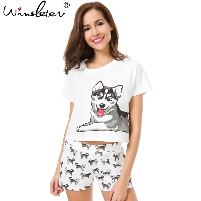 

Husky Print Women Pajama Sets 2 Pieces Set Crop Top + Shorts Loose Elastic Waist Shorts Dog Print Lounge pijama S73104