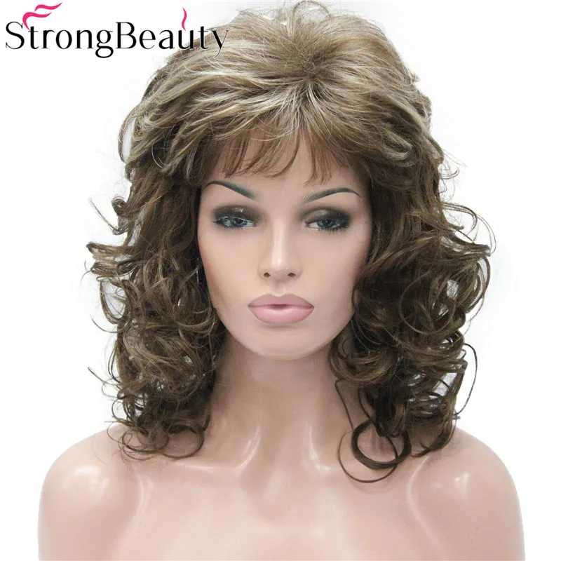 StrongBeauty Dài Cong Burgundy Tóc Giả Nữ Tổng Hợp Mái Tóc Vàng