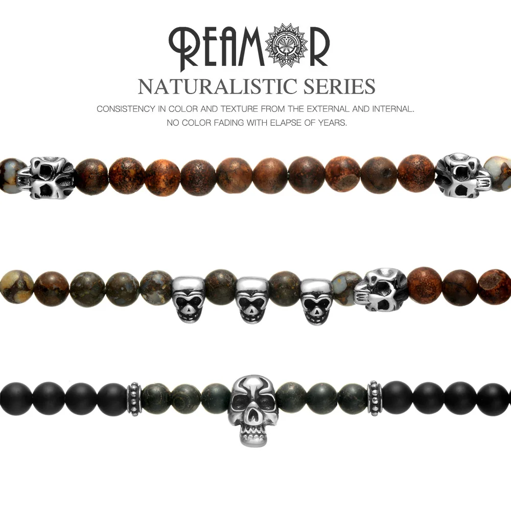 REAMOR Punk Men Jewelry Natural Stone Handmade Beaded Bracelet Stainless Steel Skull Head Multi-layer Stretch Bracelets Gift