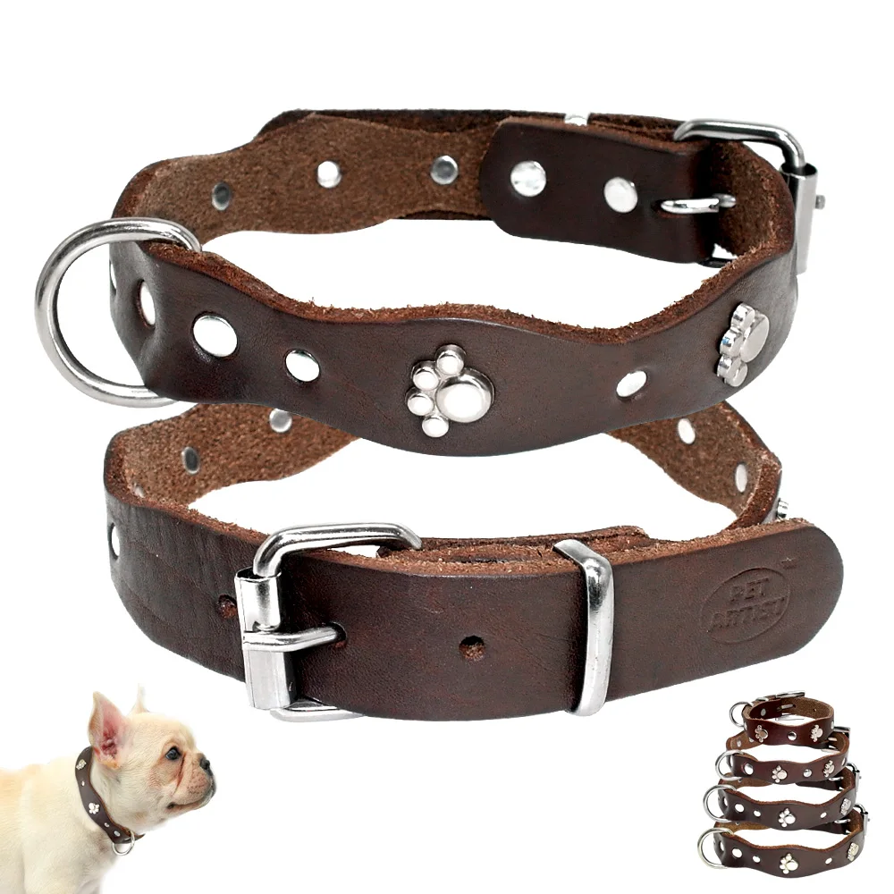 Soft Genuine Leather Pet Dog Collars Adjustable For Small Medium Dogs Puppy Chihuahua Pitbull Collar Brown XXS XS S M