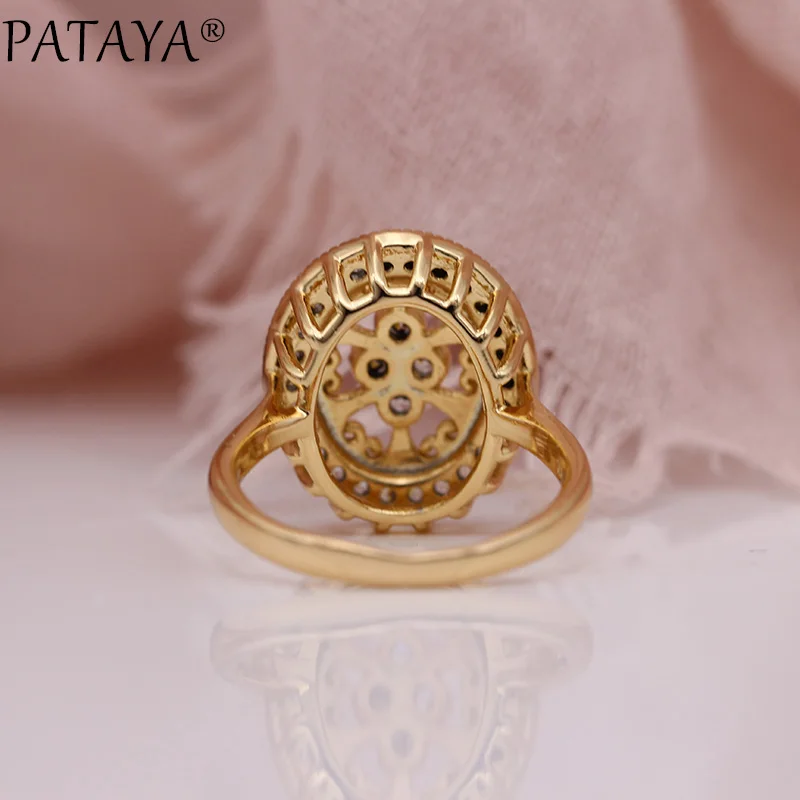 PATAYA New Micro Wax Inlay Hollow Rings Women Wedding Fine Fashion Jewelry 585 Rose Gold Color Natural Zircon Flower Oval Rings