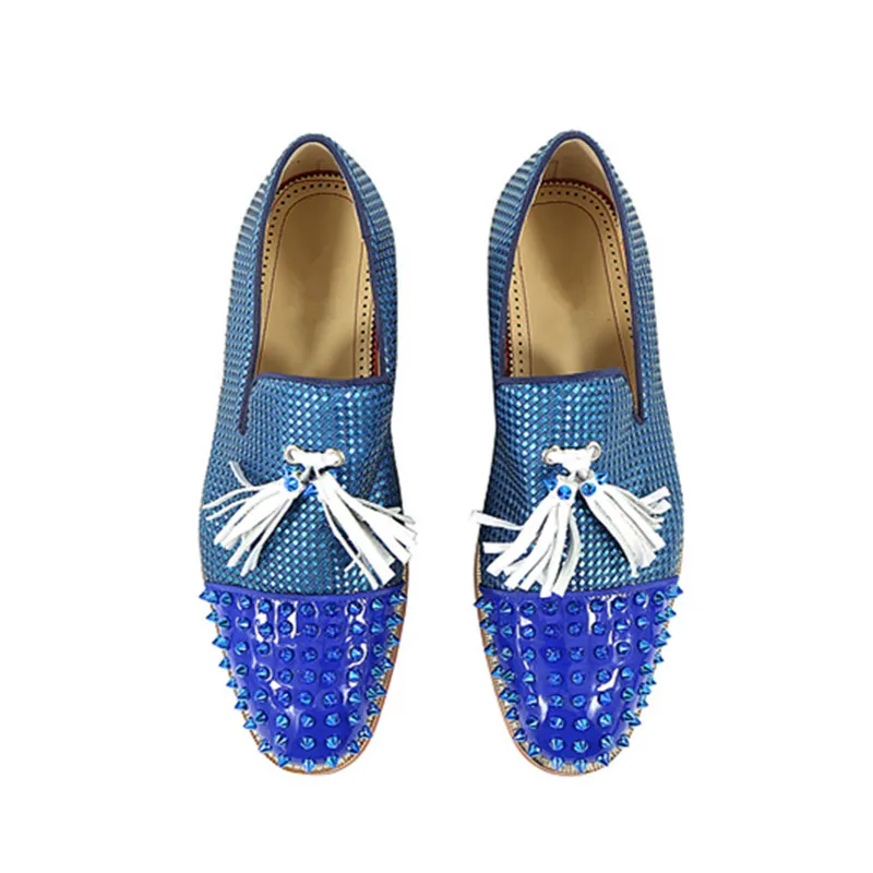 SHOOEGLE Men Blue Patchwork Tassel Shoes Spikes Studded Lowtop Slip on Mixed Color Loafers Anti-skid Men Casual Shoes Size 38-47