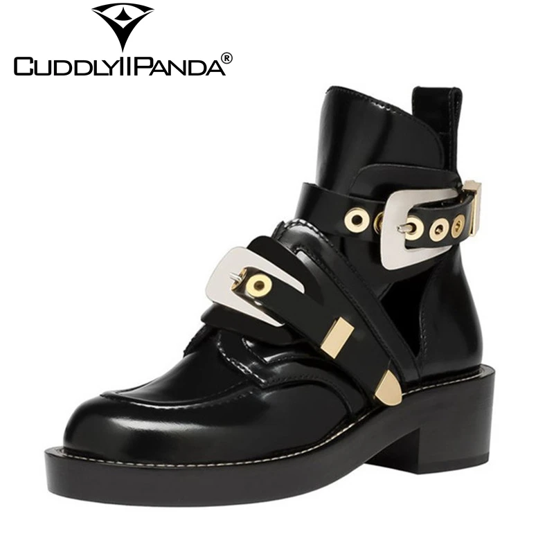 CuddlyIIPanda New British Style Locomotive Boots Metal Buckle Women  Boots Motorcycle Boots Fashion Design Ankle Boots