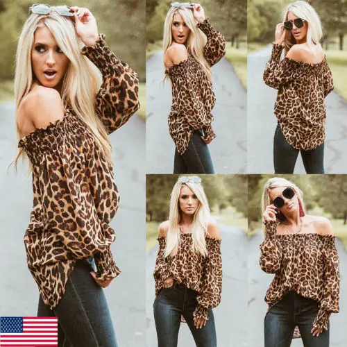 Women Tops Blouses 2019 Autumn Elegant Long Sleeve Leopard Print Off Shoulder Blouse Female Ladies Shirts Blouse