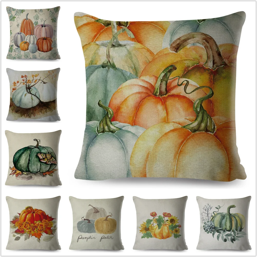 Watercolor Pumpkin Pillow Case Decor Harvest Thanksgiving Cushion Cover for Sofa Home Children Room Polyester Pillowcase 45x45cm