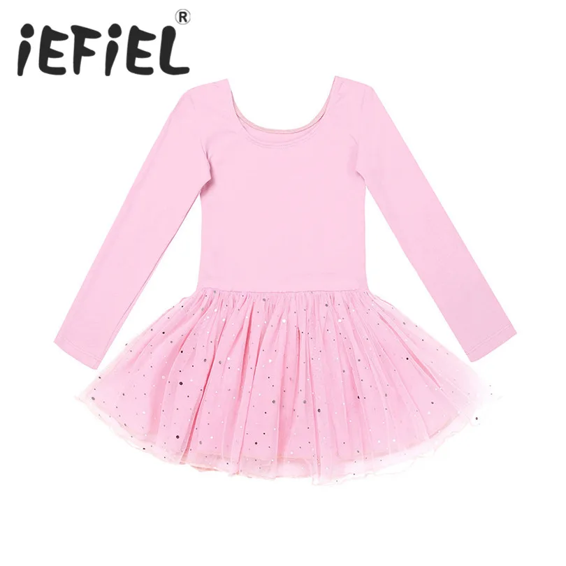 iEFiEL Kid Girls Long Sleeve Shiny Mesh Tulle Tutu Ballet Dance Leotard Dress for Performance Girls Ballet Class Dancewear Dress