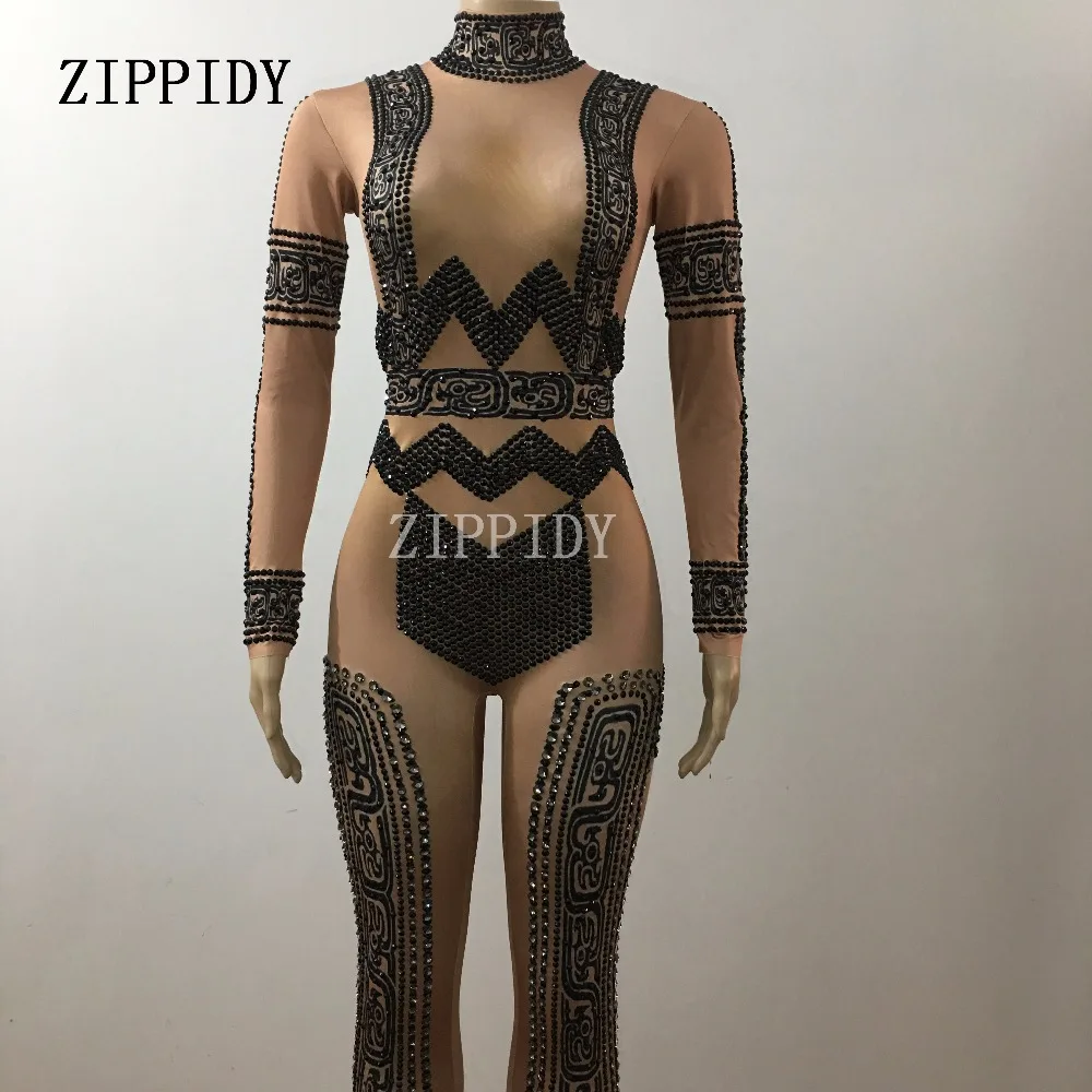 Black Rhinestone Sexy Women Nude Jumpsuit Nightclub Performance Female Singer Dancer Wear Long Sleeves One-piece Stretch Costume