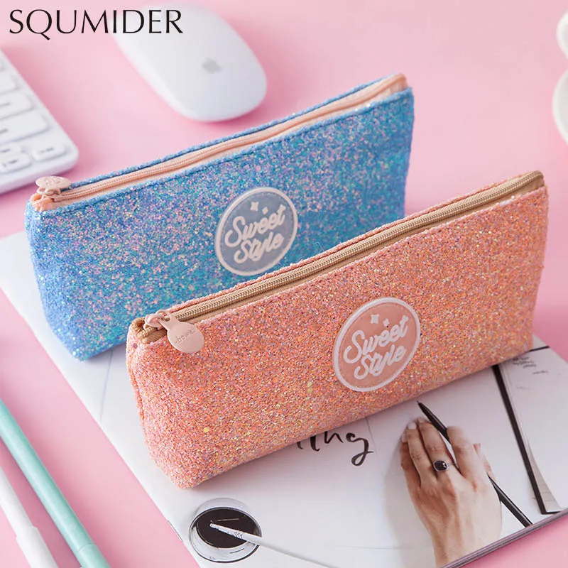 Shining Sequins Large Capacity Pencil Bag Simple Design Style Zipper Pencil Bags School Supplies Stationery Pencil Box for Girls