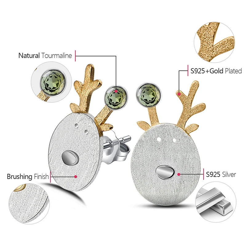 Boucles d'oreilles Lotus Fun en argent Sterling 925, Tourmaline naturelle, bijoux fins faits à la main, joyeuses de noël, mignon, en forme de renne, meilleur cadeau