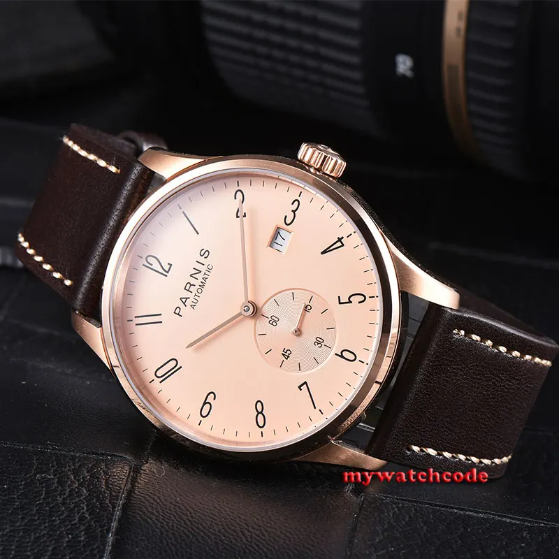 42mm parnis pink dial rose golden case date automatic movement mens watch P956