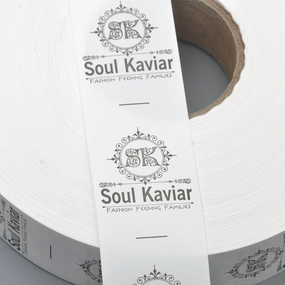 

Width 35mm Custom Made design garment washing care tags NYLON TAFFETA material size tags washable labels whitetape black design