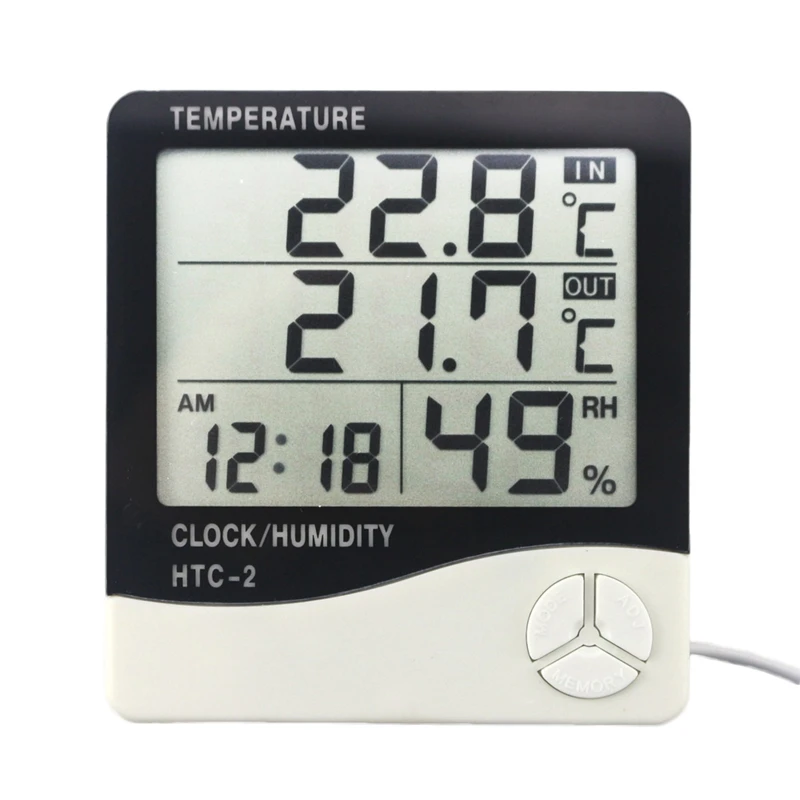 HTC-2 Digital Thermometer Hygrometer Weather Station Temperature Humidity Meter Clock Wall Indoor Outdoor Sensor Probe LCD