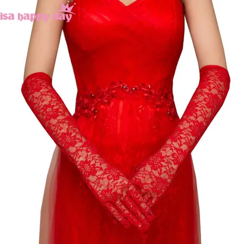 Imagen 1 del producto Guantes elegantes de novia para mujer, color rojo marfil y negro, longitud hasta el codo, encaje con dedos completos, accesorios de boda, guantes para fiesta de graduación