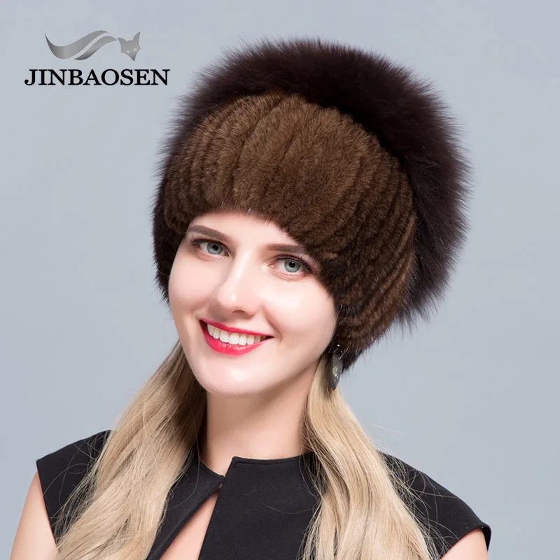 JINBAOSEN Woman's Fur Ski Hat  Hot Sale Fur Hat Otter With Fox Combined With Fur Fashion Hat Knitted Wool Liner Winter